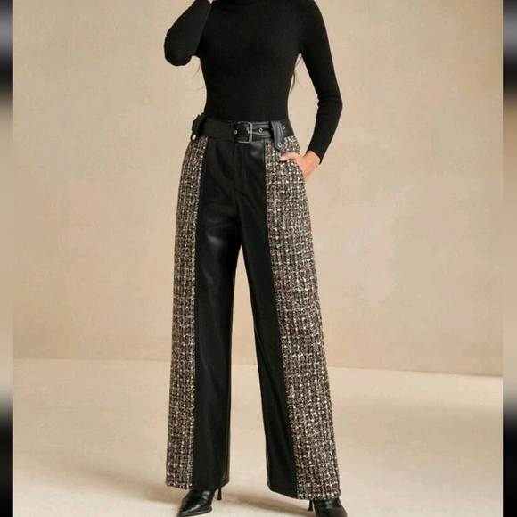 Women Ed And Leather Patchwork Straight Leg Slim Fit Pants, Autumn/Winter - Picture 4 of 4